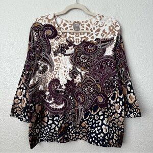 Chico's Boho Paisley Leopard V-neck  3/4 Sleeves Top, Sz Large